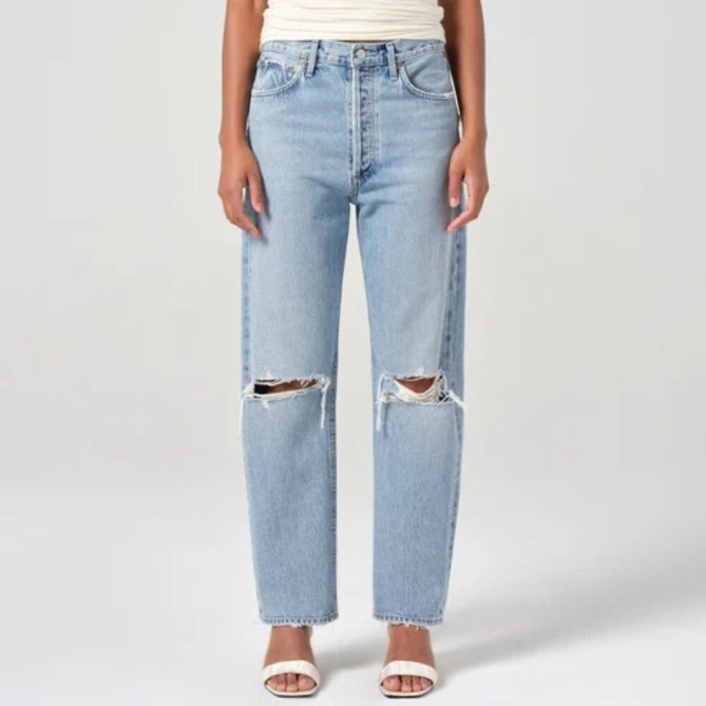 Agolde Light Wash Denim Distressed 90's Mid Rise Straight Jeans in Alter Size 22